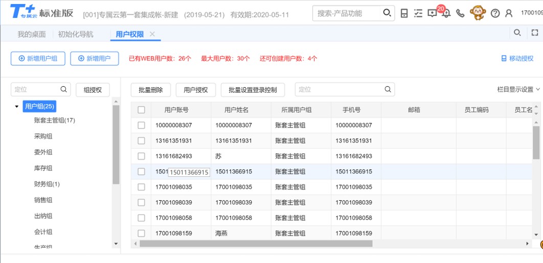 用友T+专属云用户管理