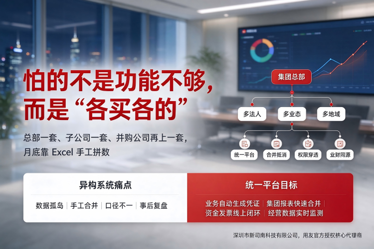 集团管控型ERP选型核验维度：多组织架构、集团合并报表、业财一体化、发票费控、资金银企直连